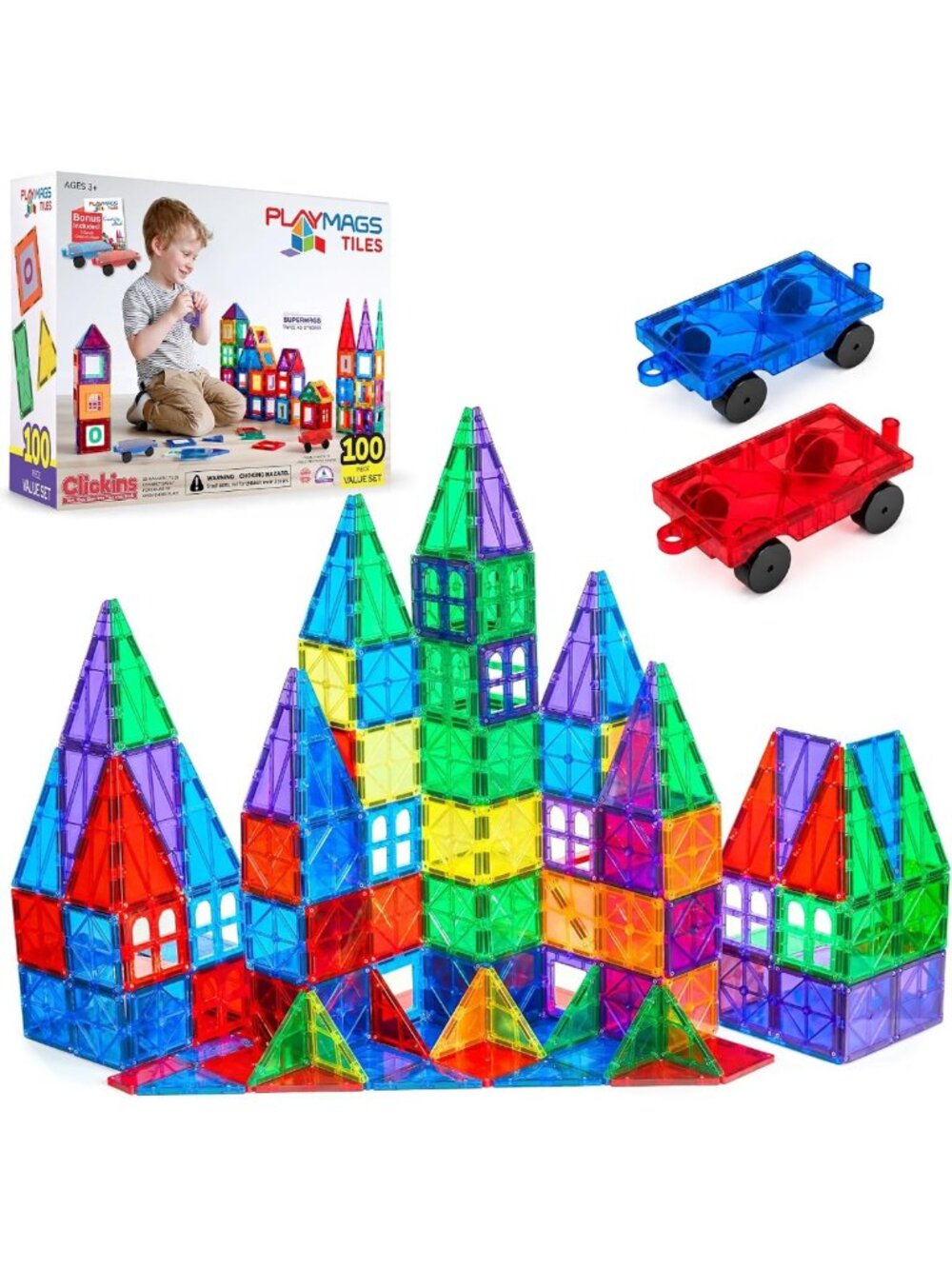 100-Piece Magnetic Building Tiles Set for Kids, STEM Learning Blocks & Cars